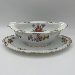Aladdin Fine China Dresdenia Floral Gravy Boat with Attached Under Plate